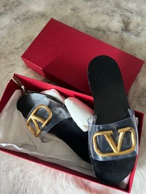 Valentino Black Slide Sandals with Gold V-Logo